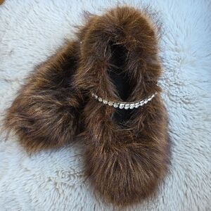 H&M Brown Faux Fur Slippers with Rhinestone Accent